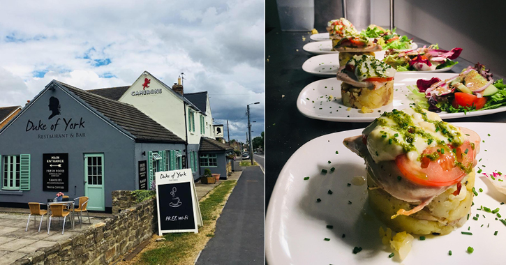 exterior view of The Duke of York pub and close up shot of food.